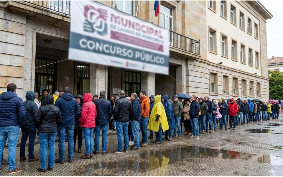 Candidatos em fila para concurso público em Itaquaquecetuba, com prédio da Prefeitura ao fundo